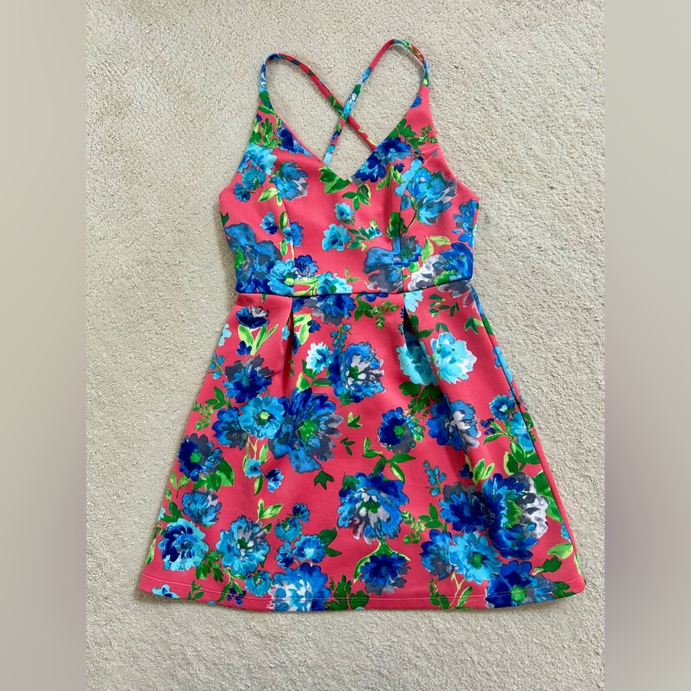 Crystal Doll Floral Fit & Flare Mini Dress - Crisscross Back